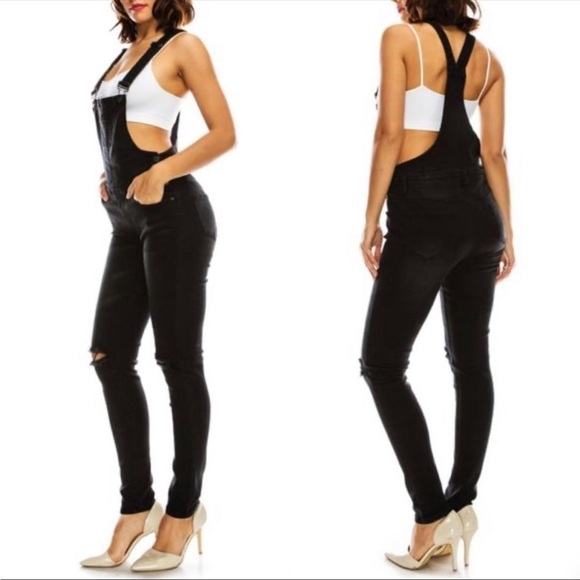 American Bazi Women’s Black Slit-Knee Denim Skinny Overalls Small‎ - Picture 1 of 6